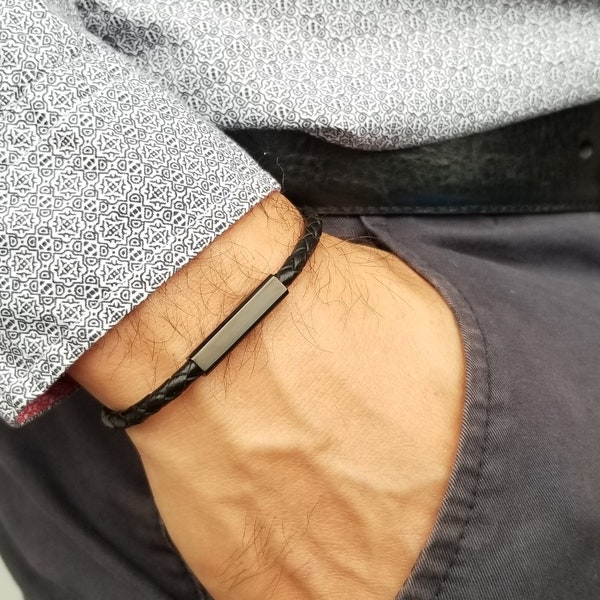 Bracelet fin simple en cuir tressé, bracelet tressé gravé, cadeau homme