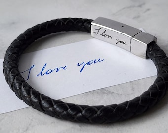 Handwriting Engraved Leather Bracelet for Men, Personalized Gif for Him