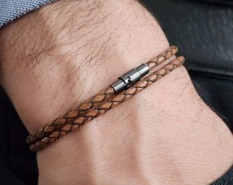 Men Leather Bracelet, Wrap Bracelet with Black Claps,  Braided Thin Leather Bracelet