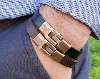 Men Plain Leather Bracelet, 10 mm Leather Bracelet, Leather Bracelet with Copper Clasp, Men Gift