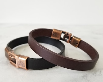 Men Plain Leather Bracelet, 10 mm Leather Bracelet, Leather Bracelet with Copper Clasp, Men Gift