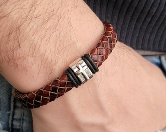 Engraved Men Bracelet, Leather Cross Bracelet, Gift for Him - Etsy