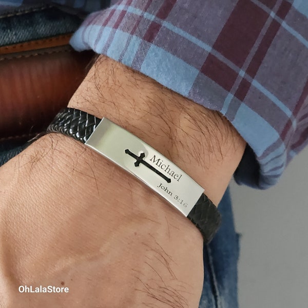 Engraved Men Cross Leather Bracelet, Personalized Gift for Him