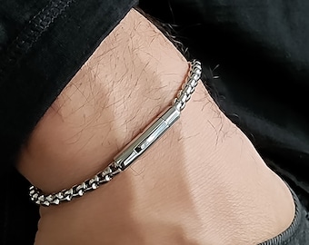 Engraved Chain Bracelet, Personalized 4mm Steel Men Bracelet, Customized Men Gift