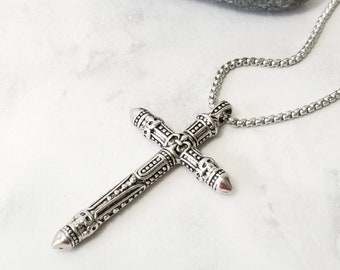 Silver Cross Necklace, Mens Stainless Steel Necklace, Carved Skull Cross Necklace