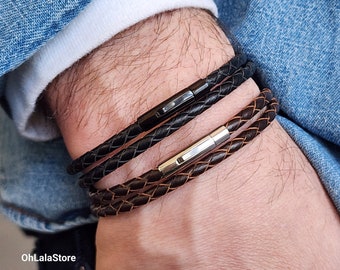 Personalized Men Leather Bracelet, Double Wrap Braided Bracelet, Gift For Him