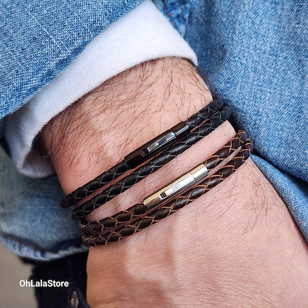 Personalized Men Leather Bracelet, Double Wrap Braided Bracelet, Gift For Him