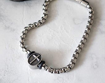 Engraved Cross Bracelet, Stainless Steel Box Chain, Religious Gift