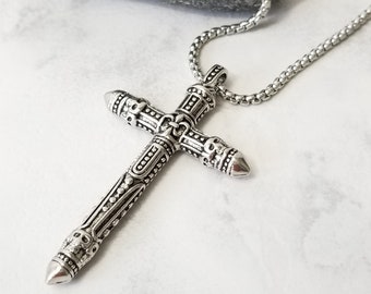 Carved Silver Cross Necklace, Men Stainless Steel Necklace, Skull Cross Necklace