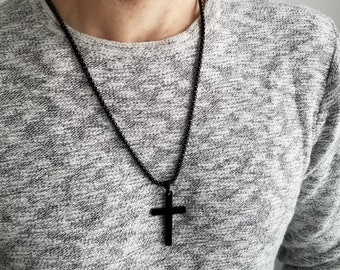 Black Cross Necklace, Engraved Cross Necklace for Men, Personalized Gift for Him