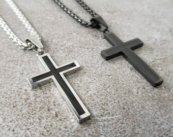 Man Cross Necklace, Engraved Silver Pendant, Cross, Engraved Black Cross, Religious Necklace, Stainless Steel Cross, Men Gift