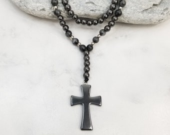 Men Cross Pendant Necklace, Magnetic Hematite Necklace, Mens Rosary Style Necklace