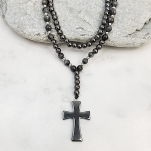 Men Cross Pendant Necklace, Magnetic Hematite Necklace, Mens Rosary Style Necklace