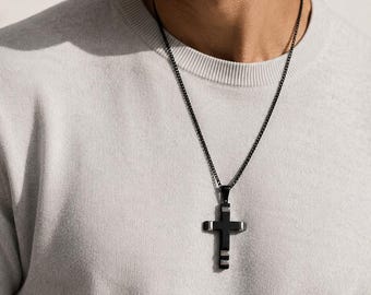 Black Cross Necklace Men, Engraved Cross Necklace, Stainless Steel Cross Pendant, Father Day Gift
