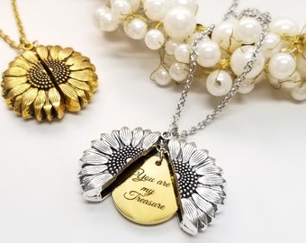 Secret Message Necklace, Sunflower Locket Necklace, Personalized