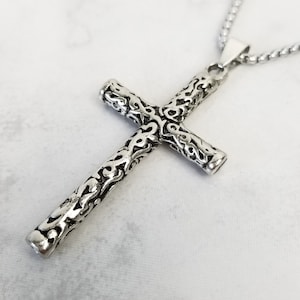 Stainless Steel Chain Men Necklace, Men Cross Necklace, Christian Necklace, Carved Silver Cross Pendant