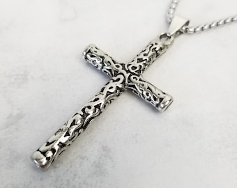 Stainless Steel Chain Men Necklace, Men Cross Necklace, Christian Necklace, Carved Silver Cross Pendant
