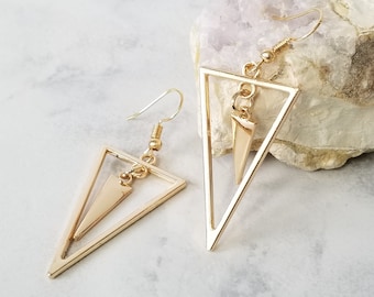 Gold Triangle Earrings, Dangle Geometric Earrings, Women Gift