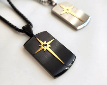 Engraved Dog Tag Necklace, Gold North Star Pendant, Personalize Name Necklace,  Fathers Day Gift