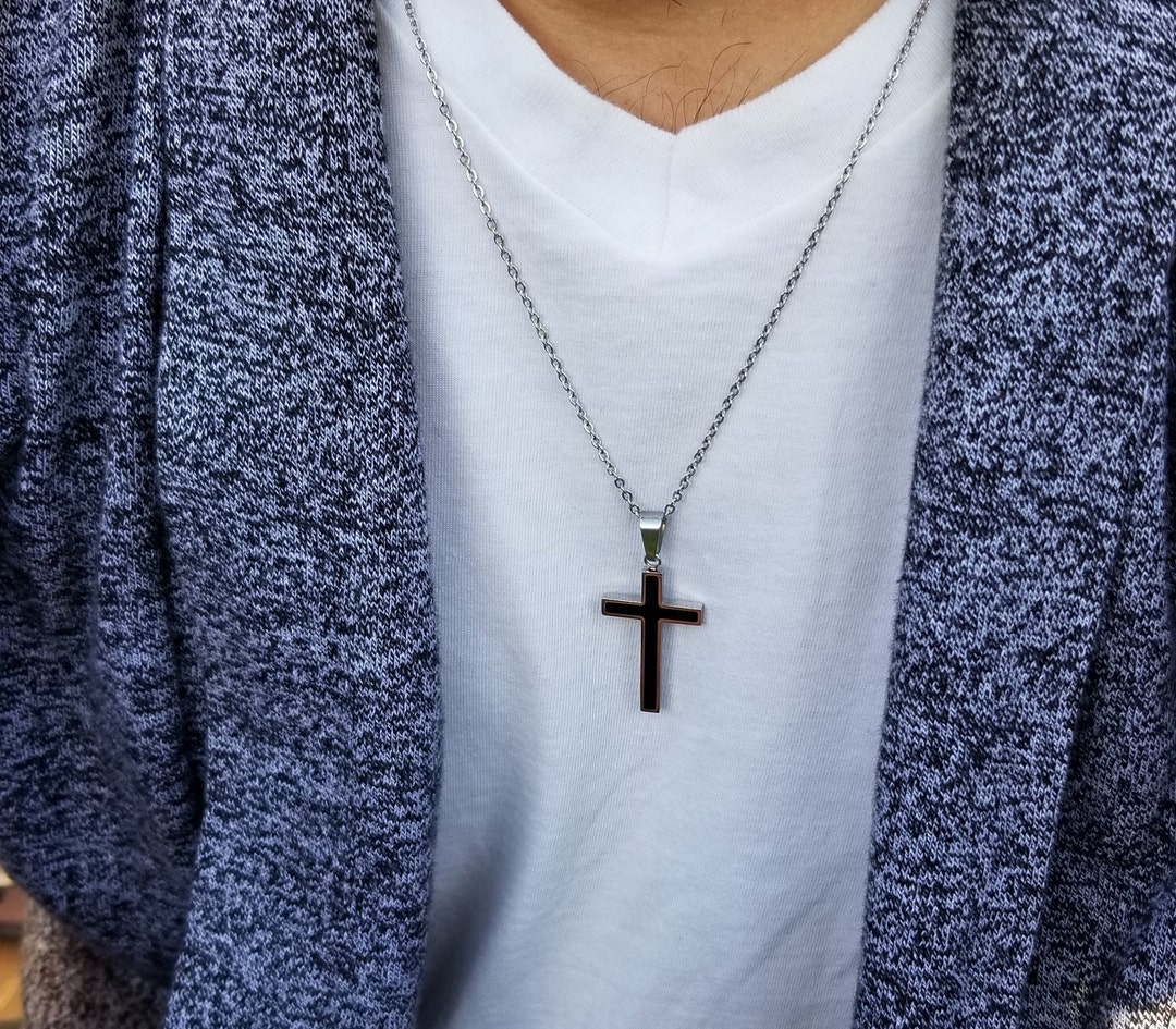 Collier Croix Homme Acier Inoxydable - Chaîne Argent 60 Cm, Pendentif 45x25 Mm - 8