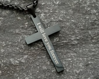 Engraved Black Cross Necklace for Men, Personalized Gift for Him