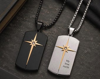 Engraved Dog Tag Necklace Men, Personalized North Star Pendant, Fathers Day Gift