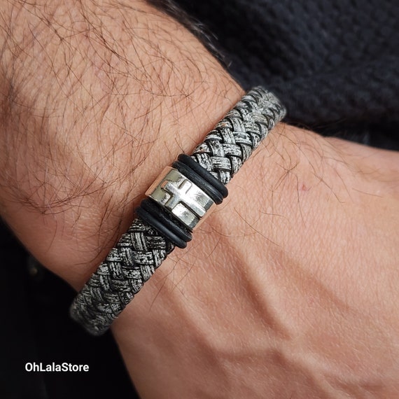 Men Cross Leather Bracelet, Engraved Leather Bracelet for Him