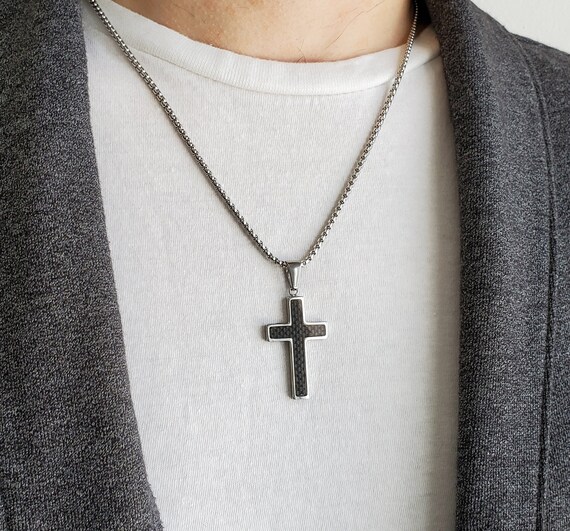 Stainless steel cross necklace men's engraved discount
