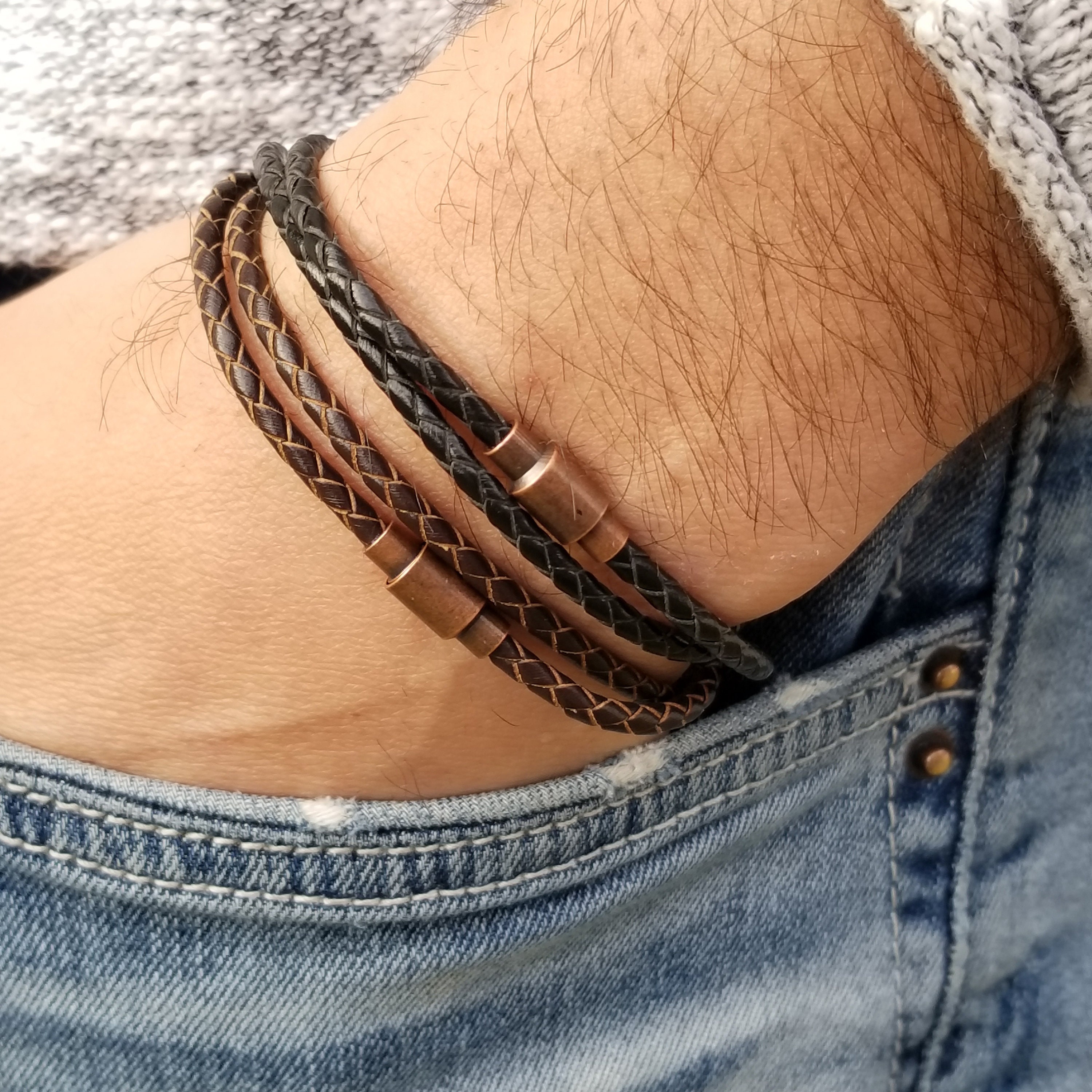 Mens Leather Bracelet, Wrap Leather Bracelet With Copper