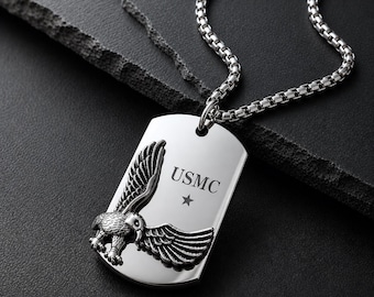 Engraved Eagle Necklace for Men, Personalized Dog Tag Pendant, Military Style Tag, Dad Gift