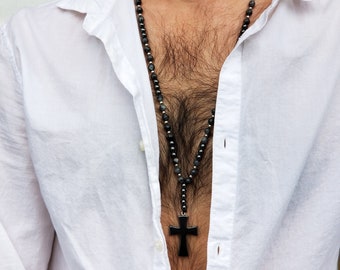 Men Cross Pendant Necklace, Magnetic Hematite Necklace, Mens Rosary Style Necklace