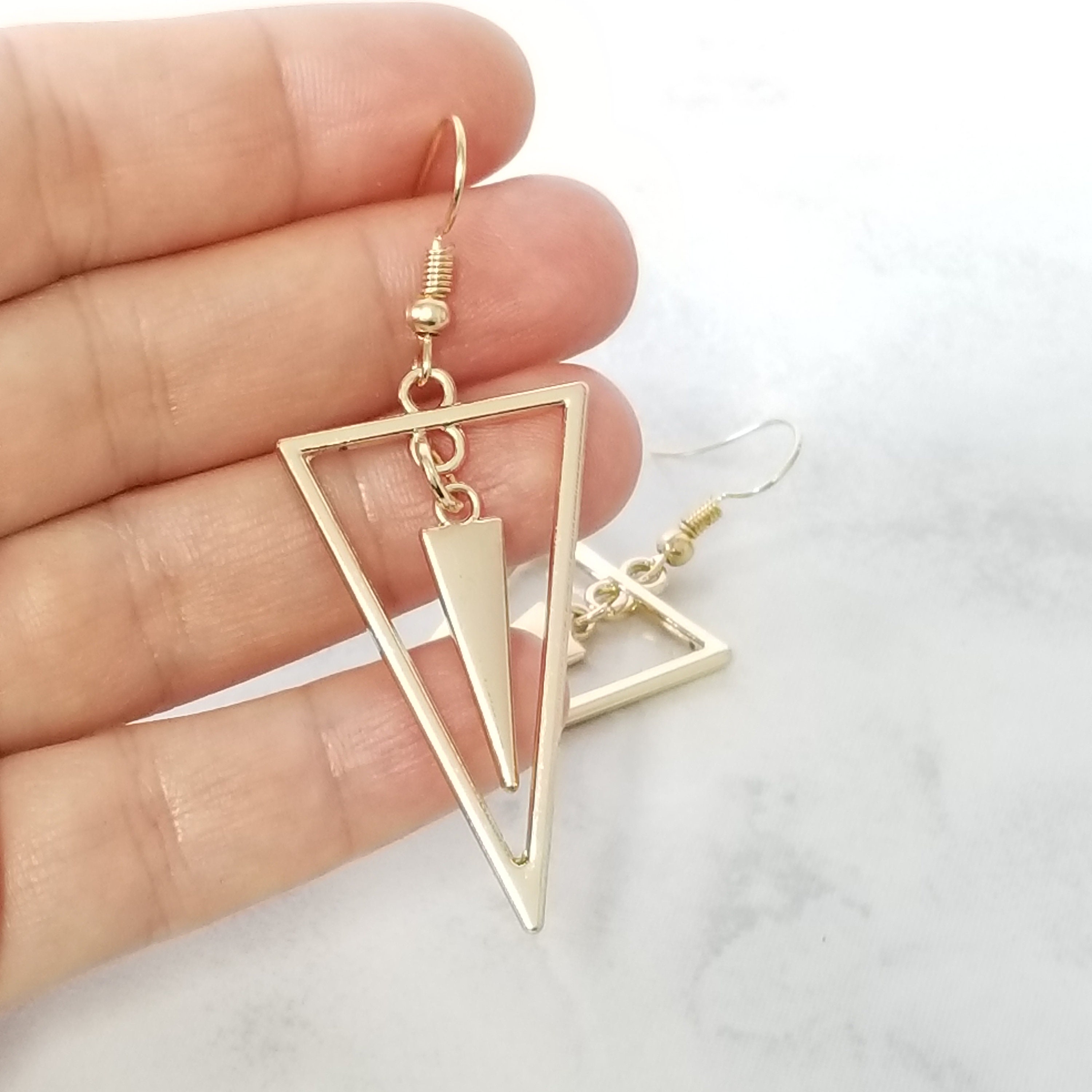 Gold Triangle Earrings Dangle Geometric Earrings Women Gift Etsy