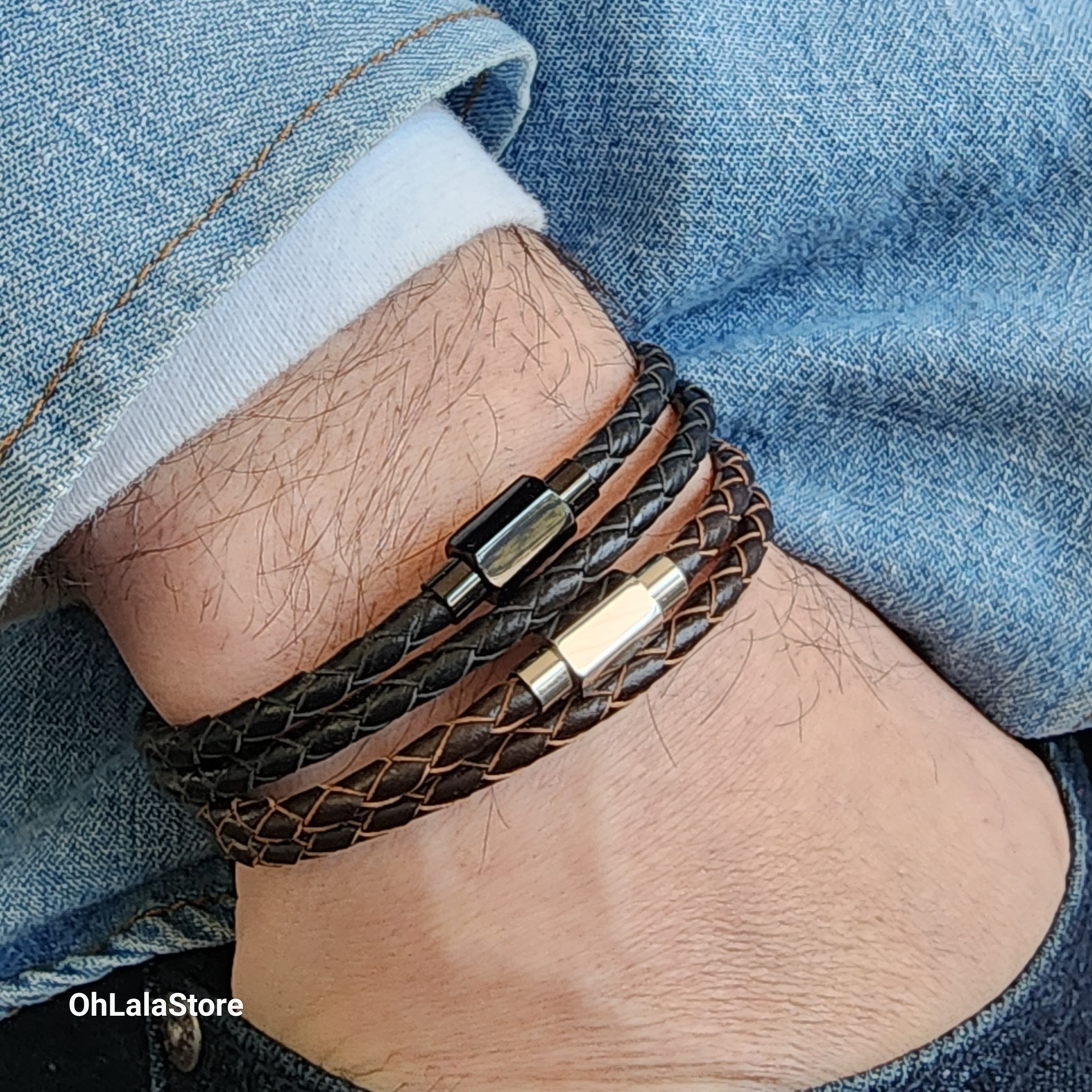 Personalized Double Wrap Leather Bracelet With Engraved Stainless
