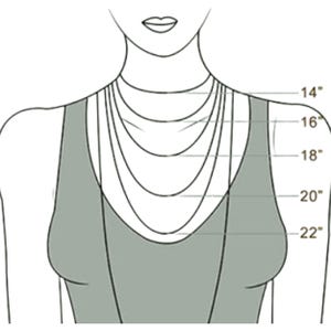 K&ouml;nnte beinhalten: Ein Diagramm, das verschiedene Halskettenl&auml;ngen am Hals einer Person zeigt. Die L&auml;ngen sind in Zoll angegeben, beginnend bei 14 Zoll und in Schritten von 2 Zoll bis 22 Zoll ansteigend.