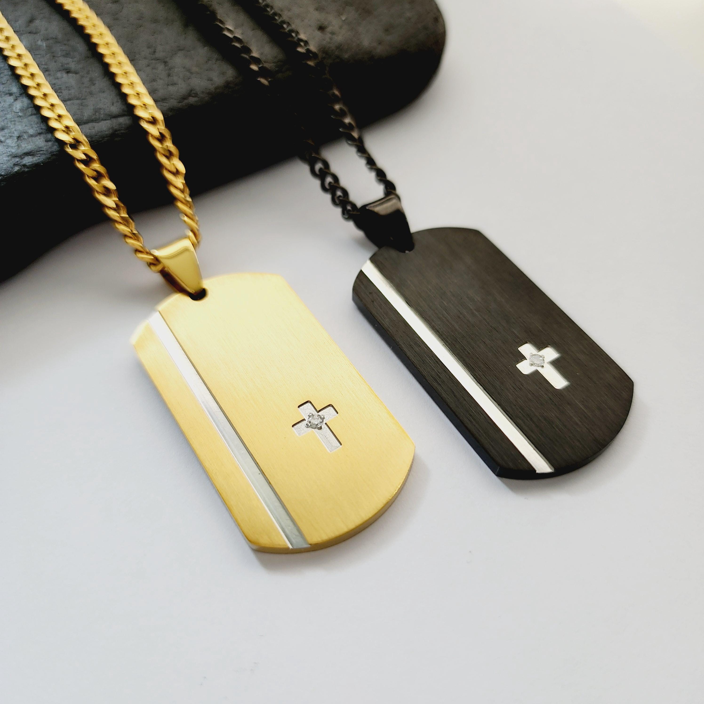 Engraved Cross Dog Tag Necklace, Personalized Stainless Steel