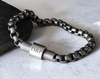 Engraved Men Steel Bracelet, Thick Mens Chain Bracelet, Personalized Gift for Him