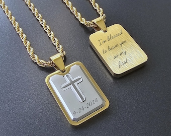 Personalized Men Cross Necklace, Engraved Dog Tag Men Necklace, Customized Christmas Gift