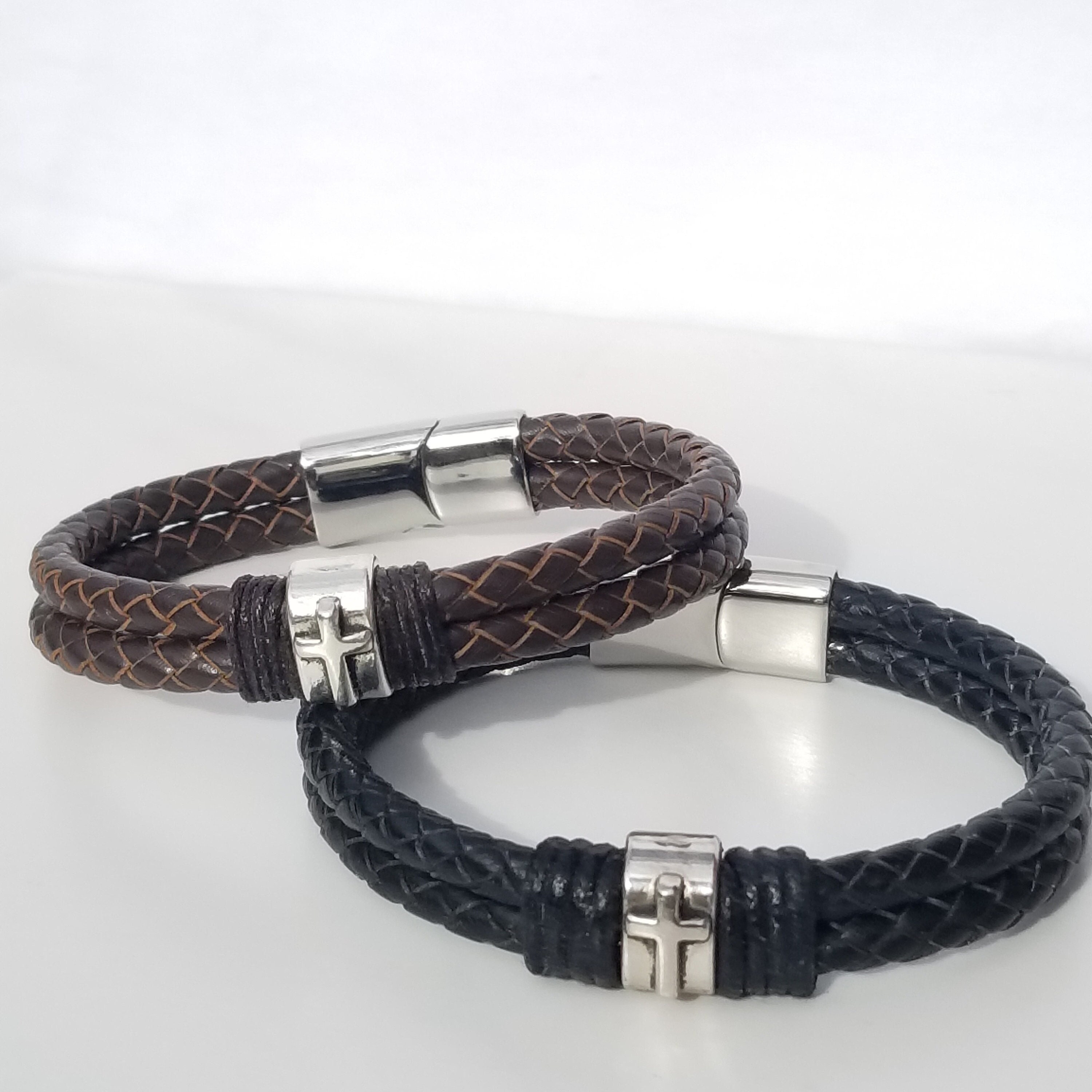 Bracelet Homme Cuir Chocolat – Motif Criss-cross Blanc – Neuf Avec étiquettes