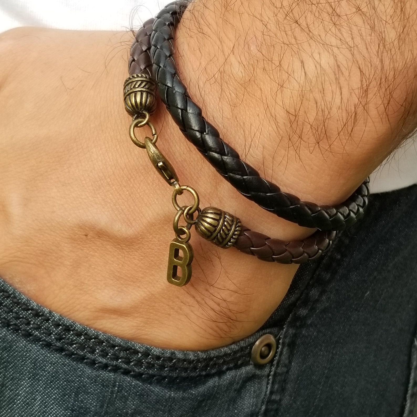 Mens leather initial bracelet Clearance