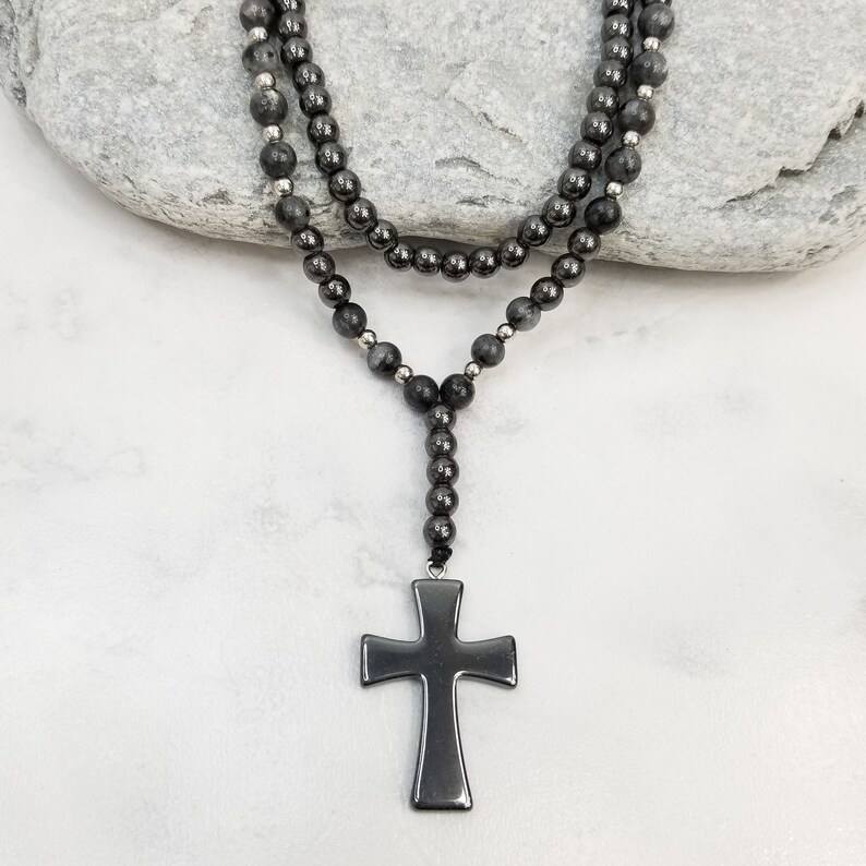 Men Cross Pendant Necklace Hematite Necklace Mens Etsy