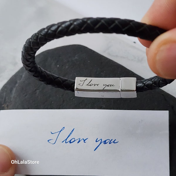 Handwriting Engraved Leather Bracelet for Men, Personalized Gif for Him