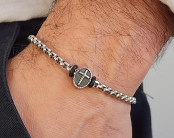 Engraved Men Cross Bracelet, Personalized Stainless Steel Box Chain, Men's Christmas Gift