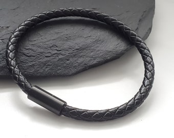 Black Leather Bracelet, Custom Sized and Engraved