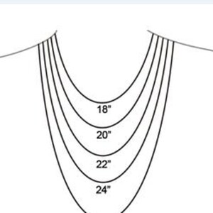 May include: Diagram showing different necklace lengths in inches: 18 inches, 20 inches, 22 inches, and 24 inches.