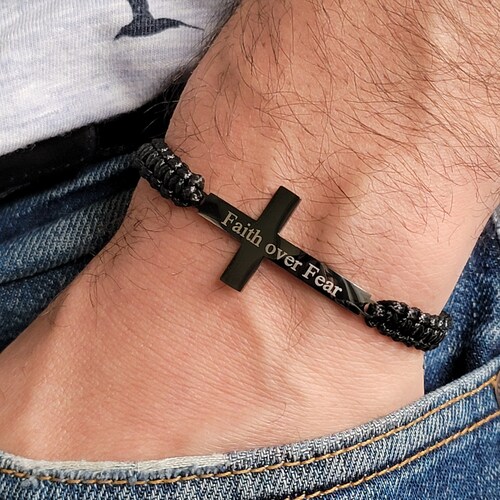Engraved Cross Men Bracelet, Adjustable Cord Bracelet