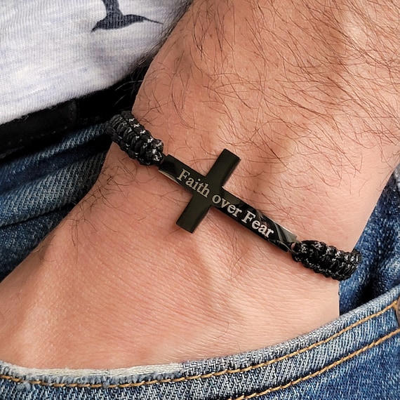 Engraved Cross Men Bracelet, Adjustable Cord Bracelet