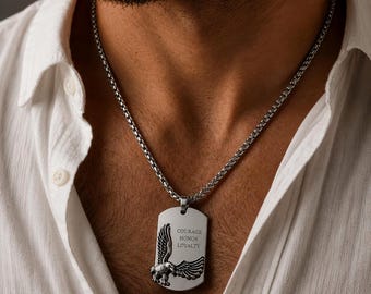 Engraved Eagle Necklace for Men, Personalized Dog Tag Pendant, Stainless Steel Military Style Jewelry, Gift for Dad