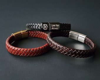 Engraved Men Leather Bracelet, Personalized Gift for Him, Custom Father Day Gift