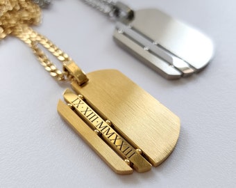 Engraved Dog Tag Men Necklace, ID Personalized Pendant Necklace, Custom Gift for Him