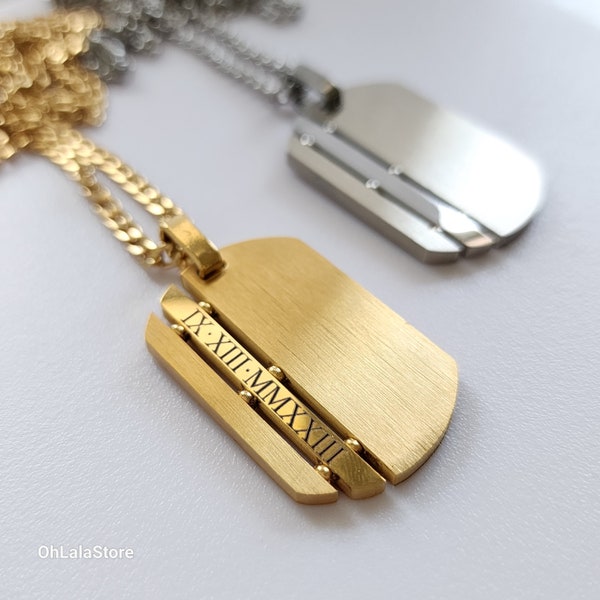 Engraved Dog Tag Men Necklace, ID Personalized Pendant Necklace, Custom Gift for Him